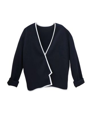 ASYMMETRICAL CONTRAST TRIM KNITTED JACKET - NAVY/EGGSHELL