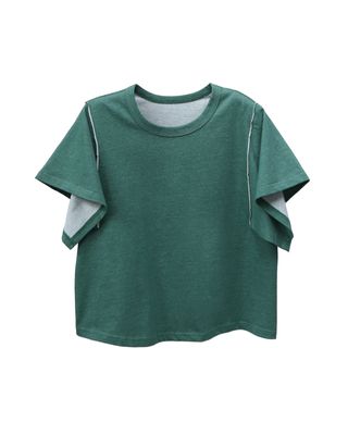 OPEN‑SEAM SLEEVE CREW NECK T‑SHIRT - FOREST/EGGSHELL