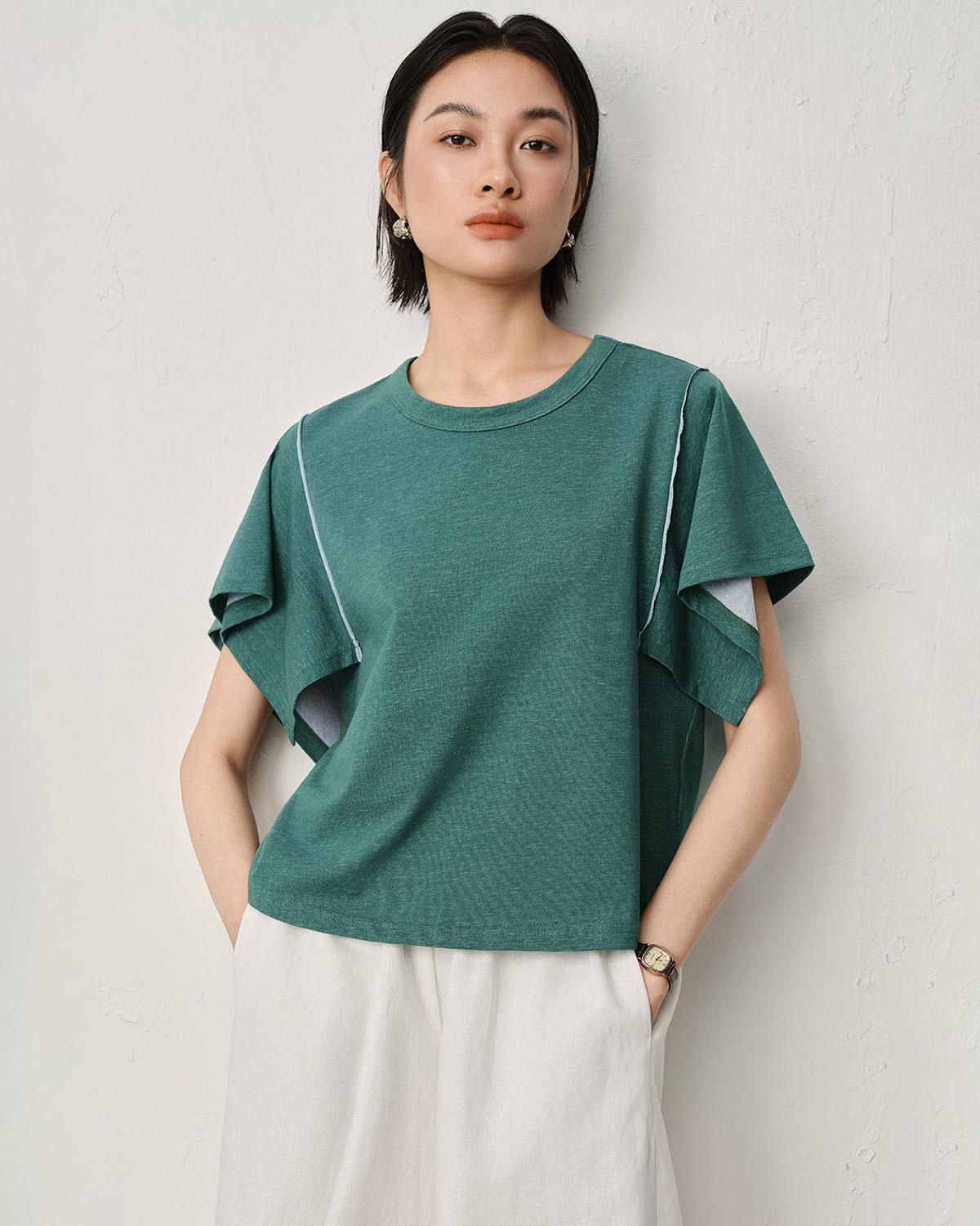 OPEN‑SEAM SLEEVE CREW NECK T‑SHIRT - FOREST/EGGSHELL