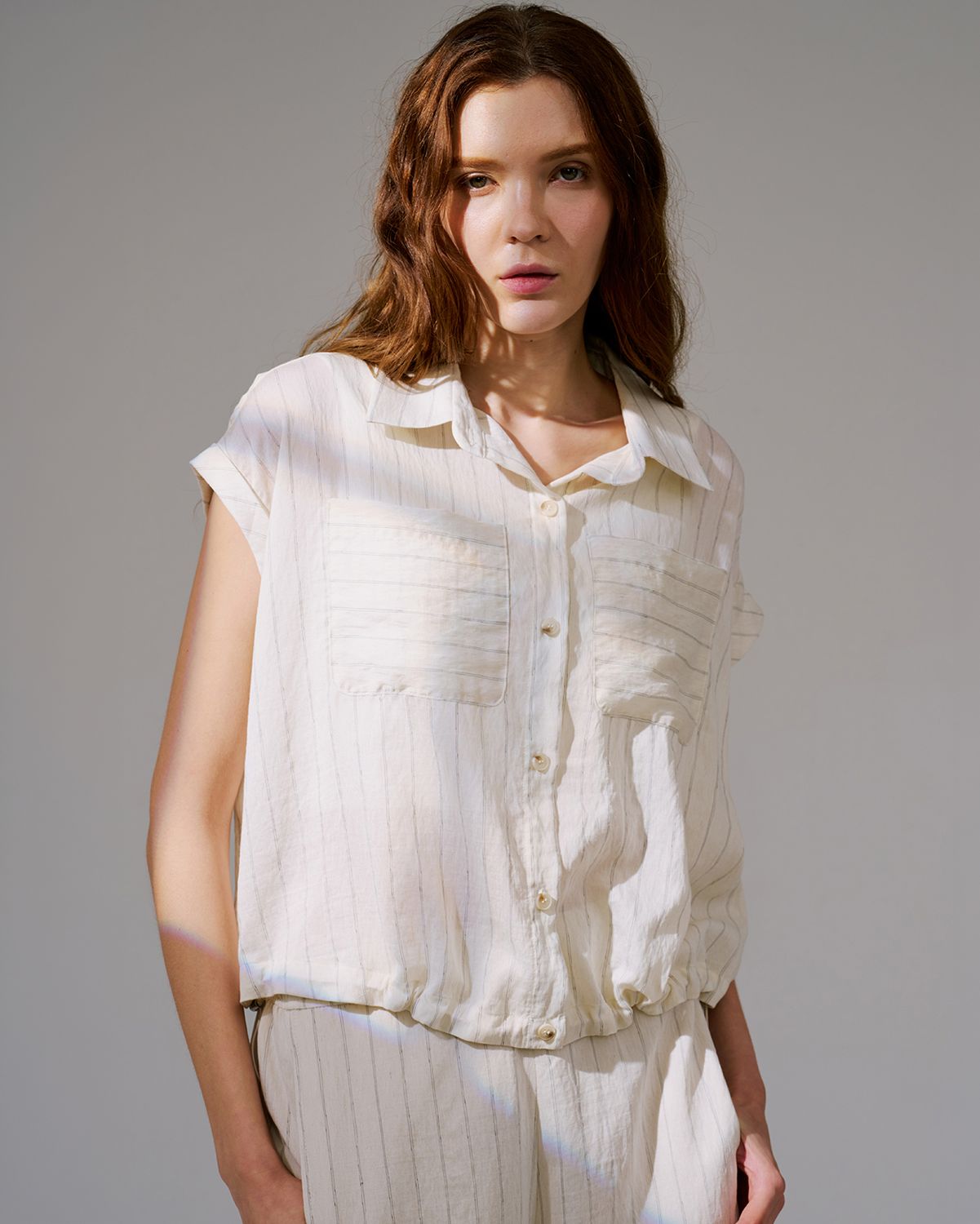 STRIPED DRAWSTRING SHIRT - OATMEAL