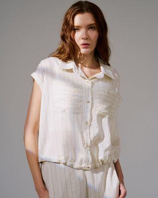 STRIPED DRAWSTRING SHIRT - OATMEAL