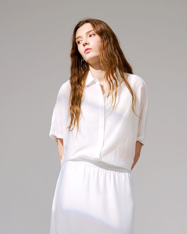 SILK-COTTON LAWN BLEND BAT SLEEVES SHIRT - EGGSHELL
