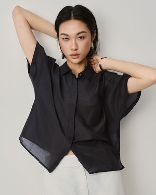 SILK-COTTON LAWN BLEND BAT SLEEVES SHIRT - BLACK