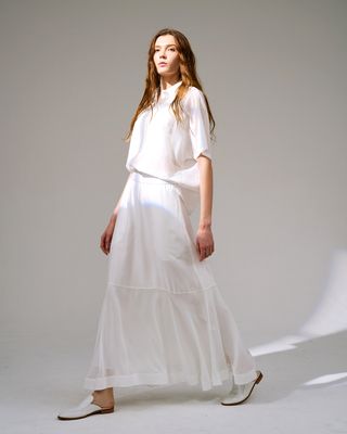 SILK-COTTON LAWN FLARE PANELLED A-LINE MAXI SKIRT - EGGSHELL