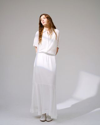 SILK-COTTON LAWN FLARE PANELLED A-LINE MAXI SKIRT - EGGSHELL