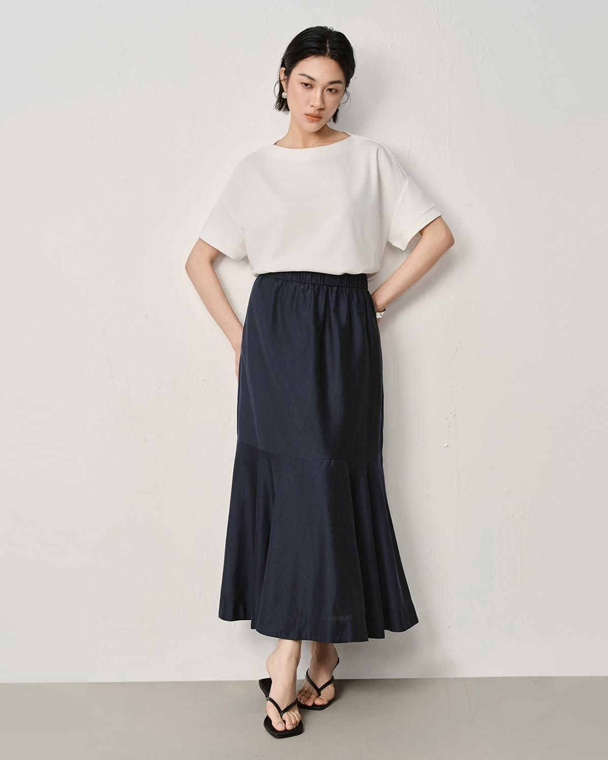 SILK-COTTON LAWN FLARE PANELLED A-LINE MAXI SKIRT - EBONY
