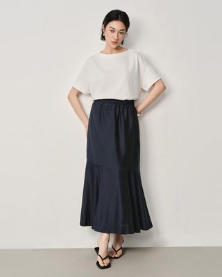 SILK-COTTON LAWN FLARE PANELLED A-LINE MAXI SKIRT - EBONY
