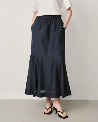 SILK-COTTON LAWN FLARE PANELLED A-LINE MAXI SKIRT - EBONY