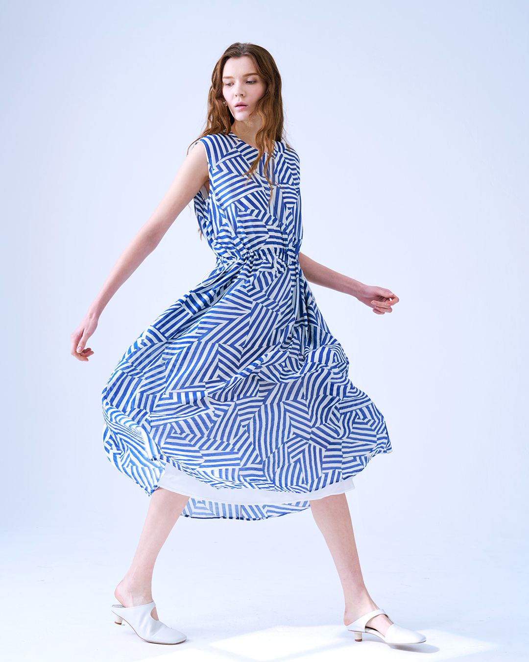 DRAWSTRING MIDI DRESS - FRENCH BLUE/EGGSHELL