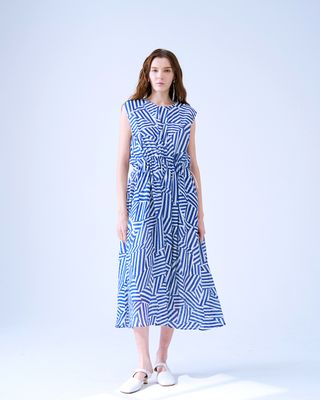 DRAWSTRING MIDI DRESS - FRENCH BLUE/EGGSHELL