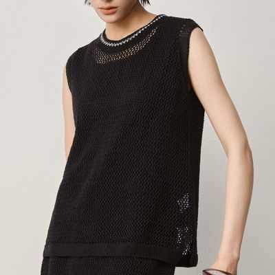 LINEN BLEND KNITTED VEST - BLACK/ CREAM