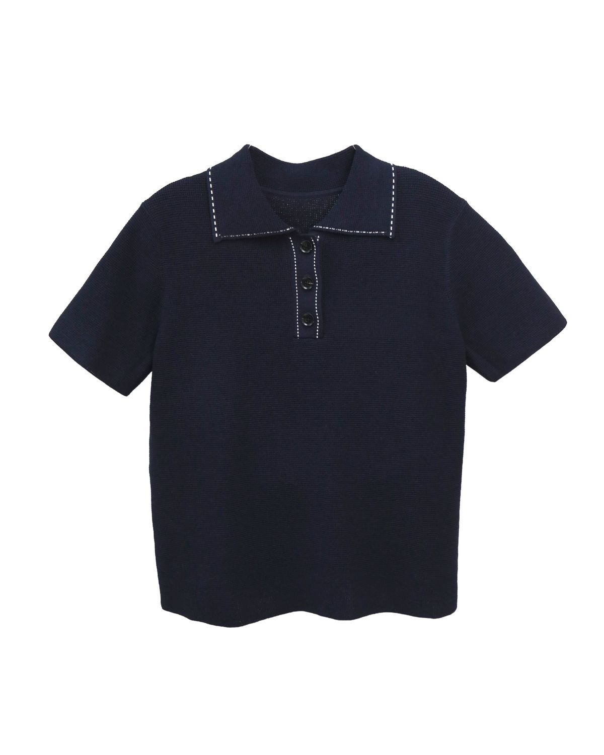 LINEN WAFFLE STITCH POLO SHIRT - NAVY/ EGGSHELL