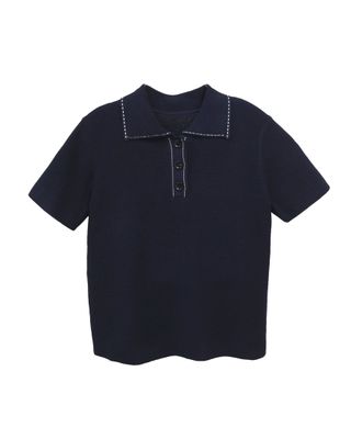 LINEN WAFFLE STITCH POLO SHIRT - NAVY/ EGGSHELL