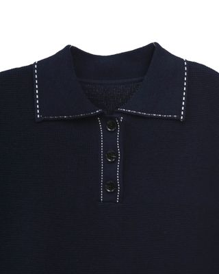 LINEN WAFFLE STITCH POLO SHIRT - NAVY/ EGGSHELL