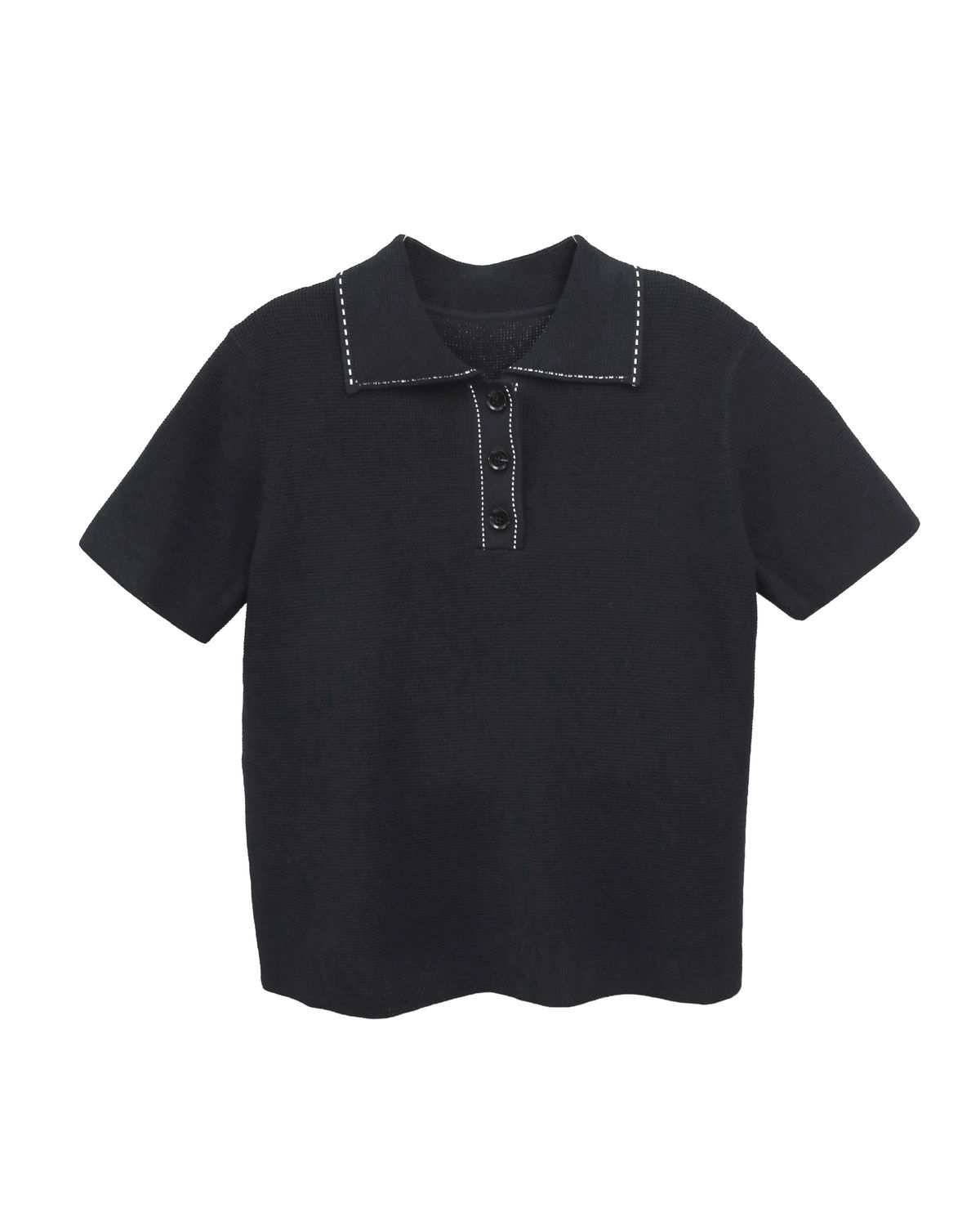 LINEN WAFFLE STITCH POLO SHIRT - BLACK/ EGGGSHELL