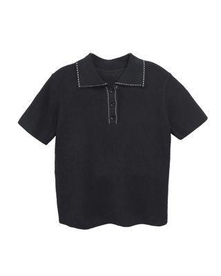 LINEN WAFFLE STITCH POLO SHIRT - BLACK/ EGGGSHELL