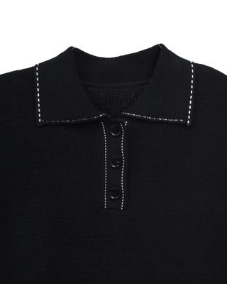 LINEN WAFFLE STITCH POLO SHIRT - BLACK/ EGGGSHELL
