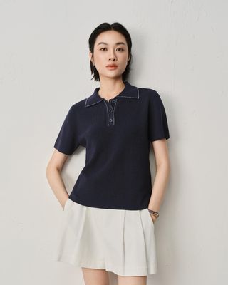 LINEN WAFFLE STITCH POLO SHIRT - BLACK/ EGGGSHELL