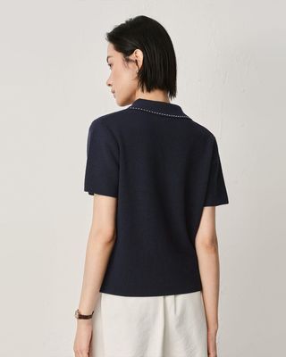 LINEN WAFFLE STITCH POLO SHIRT - BLACK/ EGGGSHELL