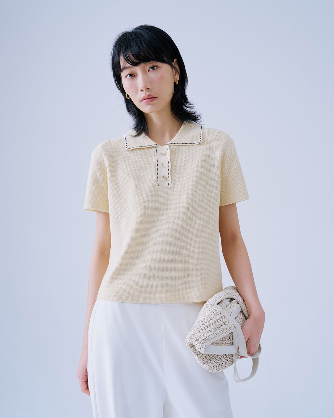 LINEN WAFFLE STITCH POLO SHIRT - CREAM/ BLACK