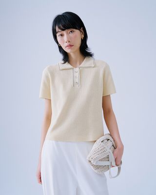 LINEN WAFFLE STITCH POLO SHIRT - CREAM/ BLACK