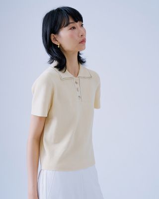 LINEN WAFFLE STITCH POLO SHIRT - CREAM/ BLACK