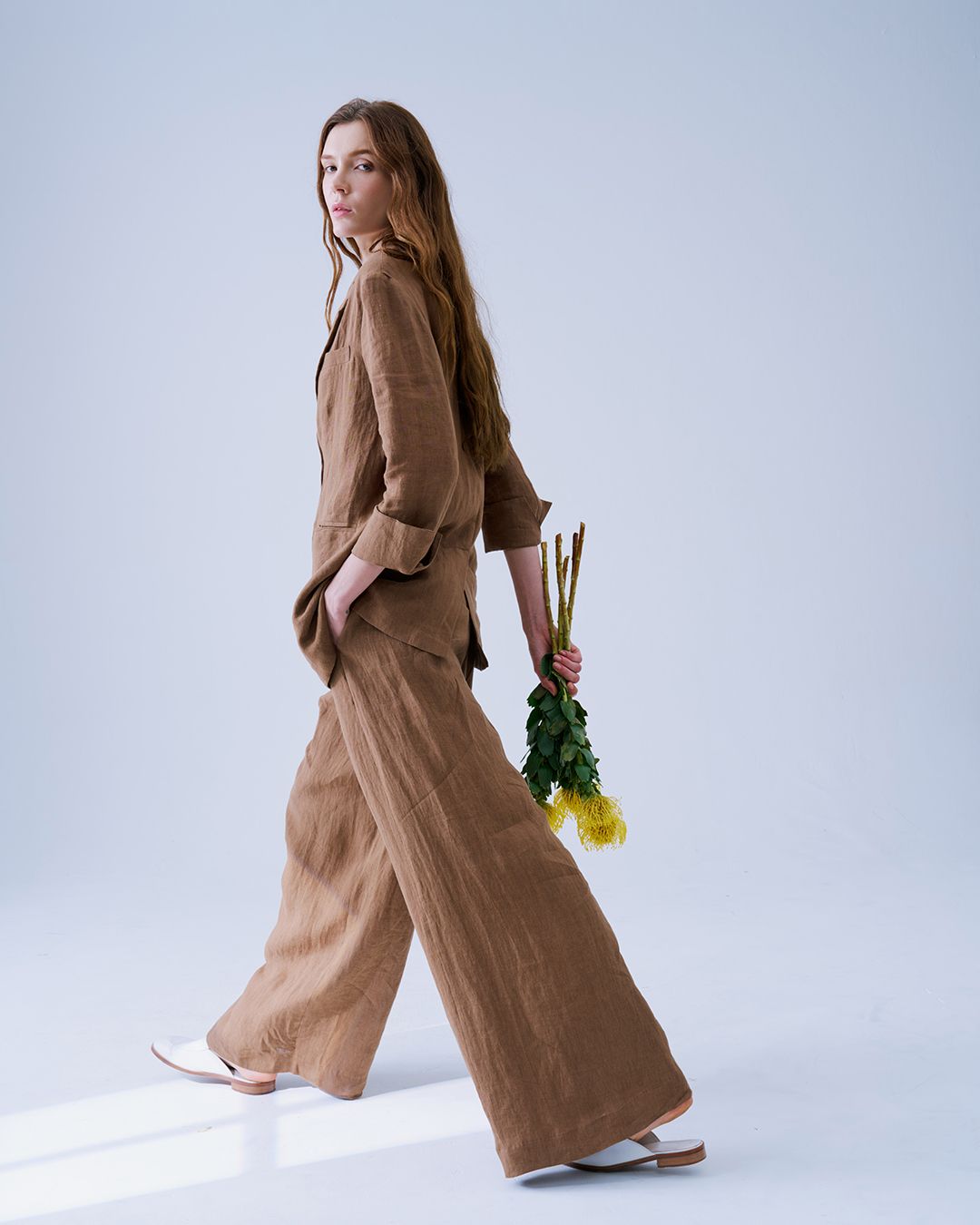 WIDE LEG LINEN PANTS - CHESTNUT