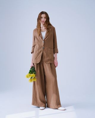 WIDE LEG LINEN PANTS - CHESTNUT