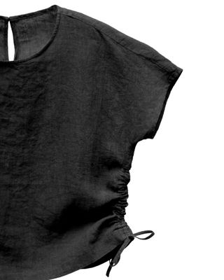 DRAWSTRING LINEN BLOUSE - BLACK