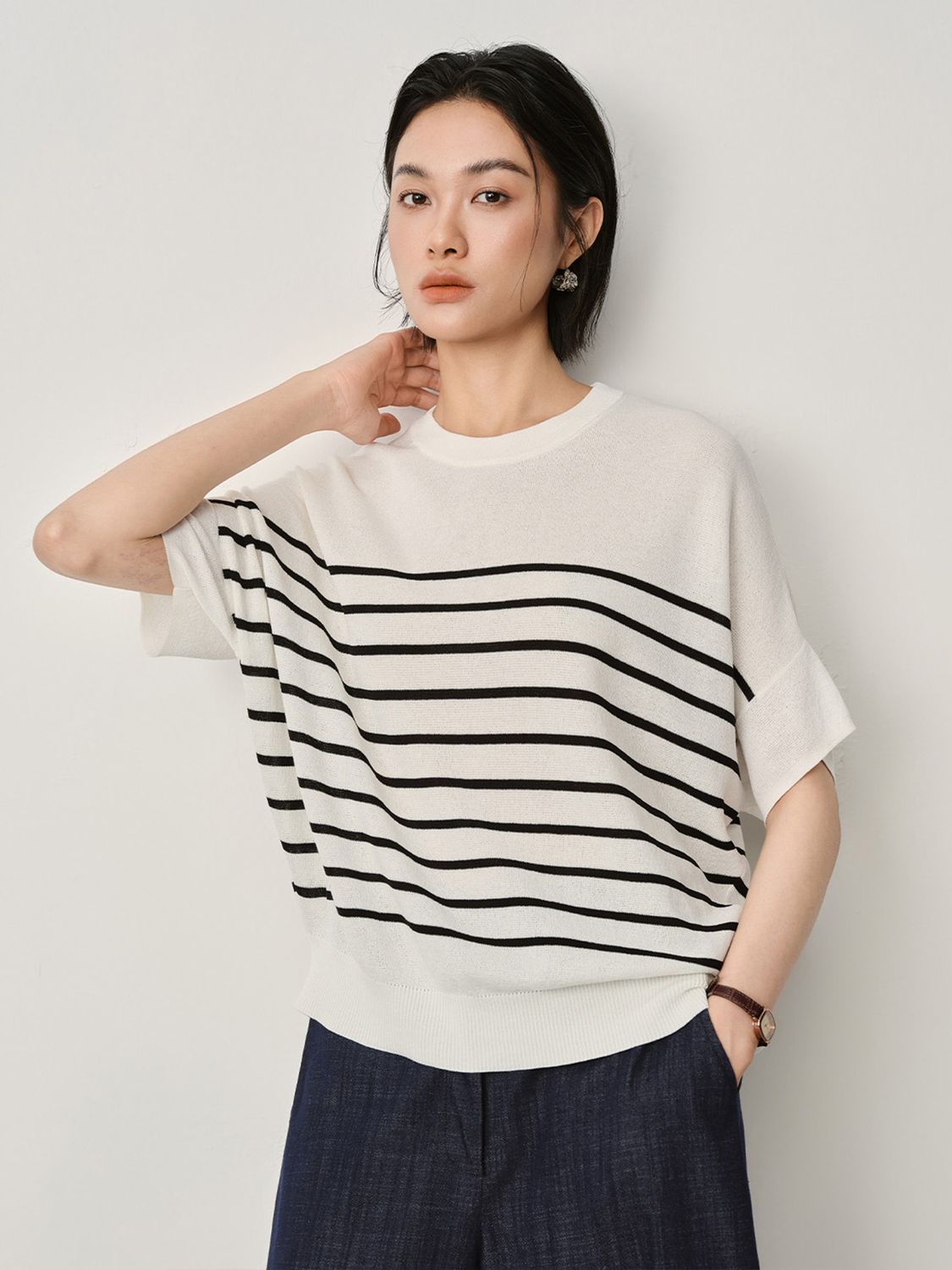 STRIPED BOXY TOP - EGGSHELL/BLACK