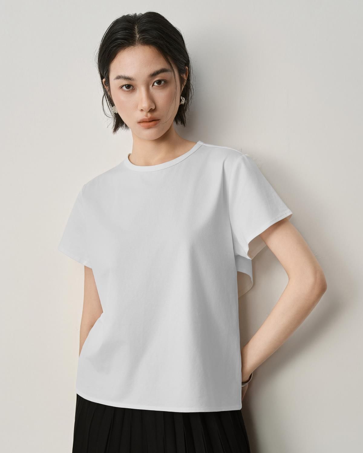 ROUND NECK BACK-CROSS T-SHIRT - EGGSHELL