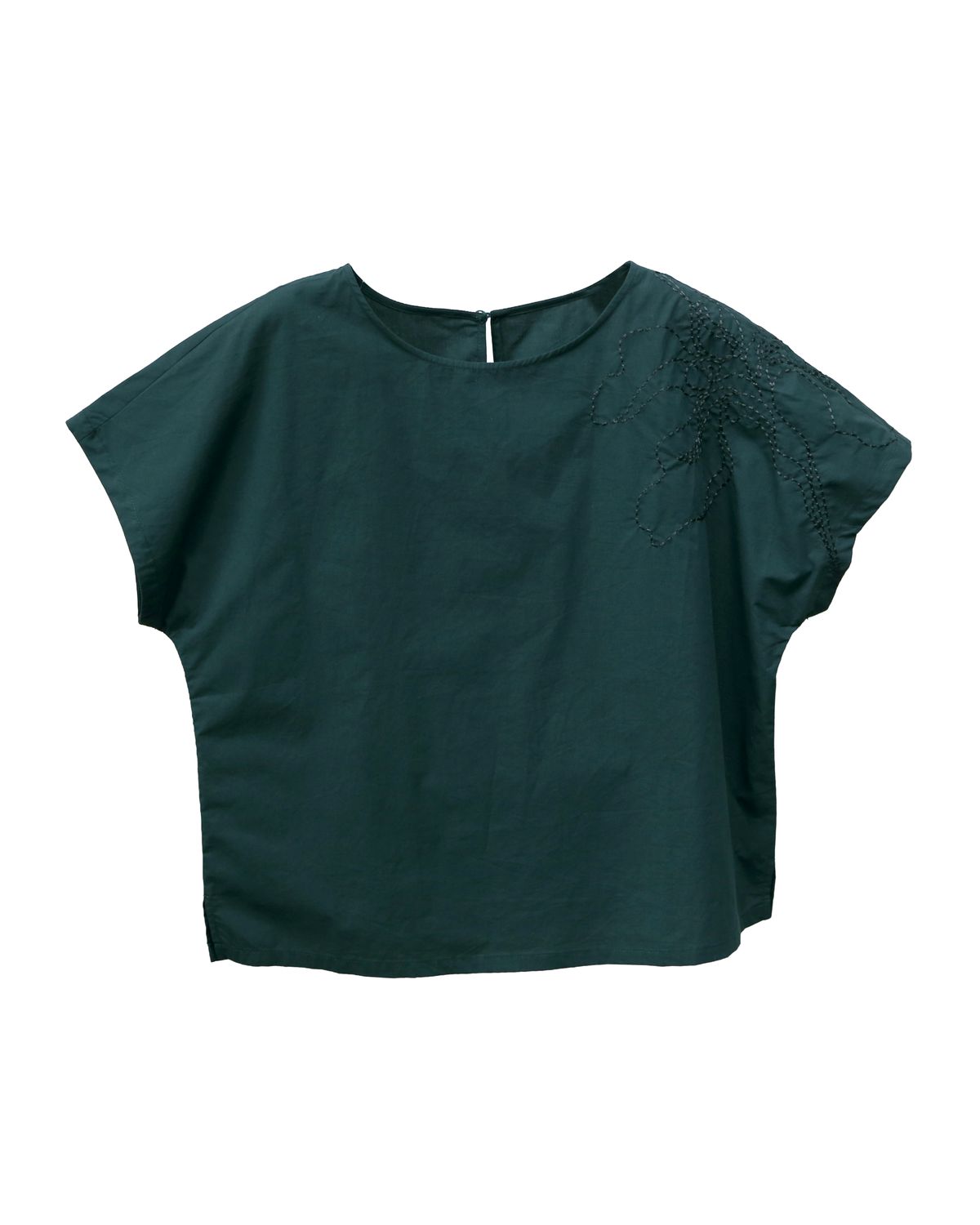 FLORAL EMBROIDERED BOXY TOP - DARK GREEN / FOREST