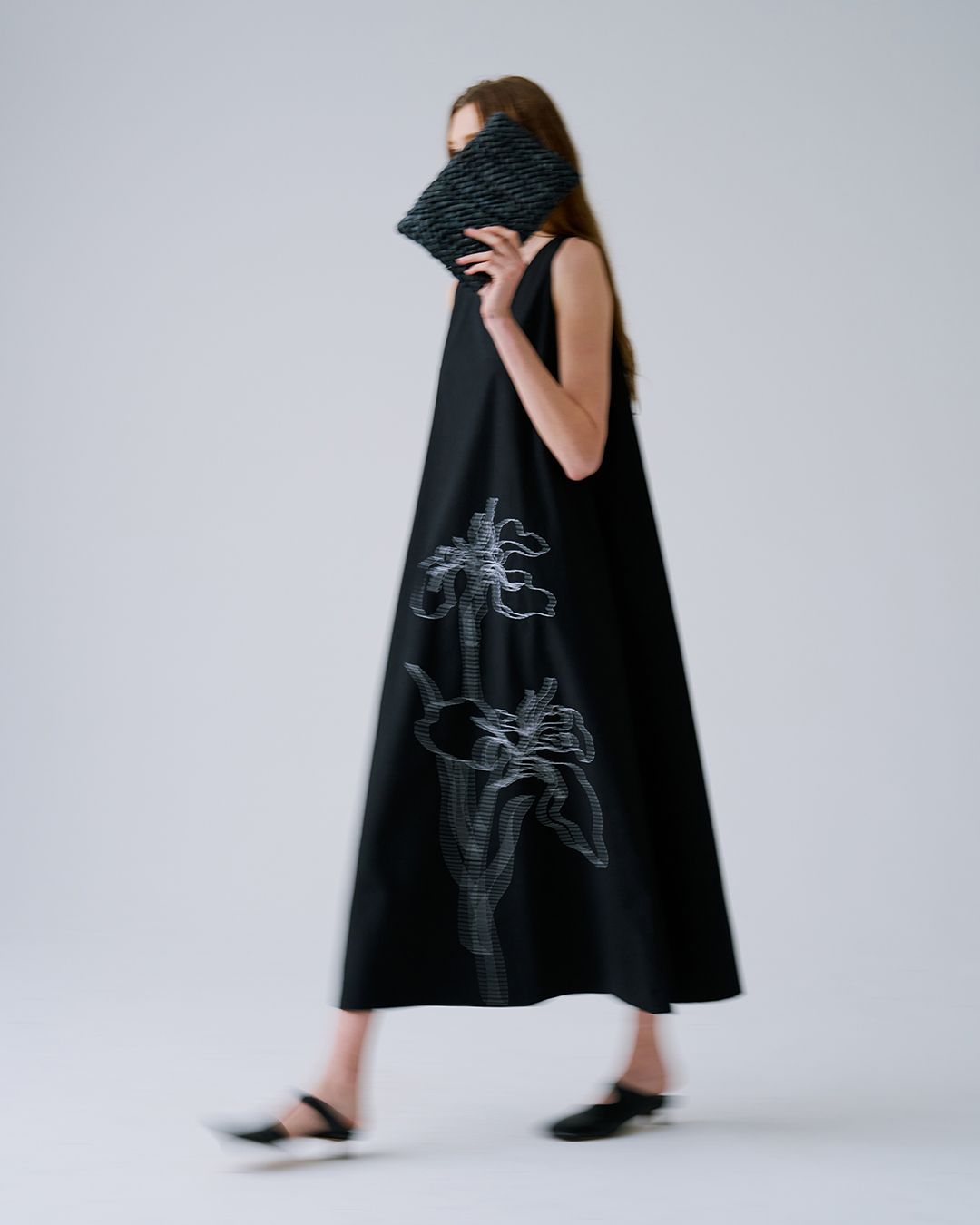 EMBROIDERED A-LINE DRESS - BLACK/EGGSHELL