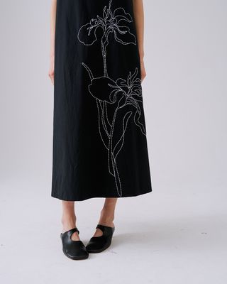 EMBROIDERED A-LINE DRESS - BLACK/EGGSHELL
