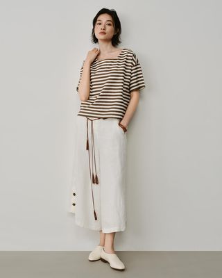 STRIPED SHORT SLEEVES TOP - CACAO/EGGSHELL