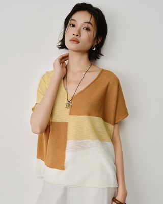 COLOUR BLOCKING BOXY TOP - MUSTARD /JOJOBA/ CREAM