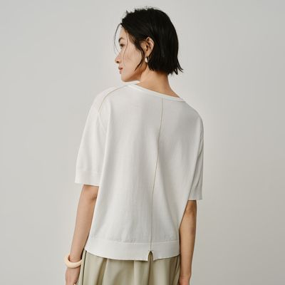 RIBBED HEM BACK SLIT TOP - EGGSHELL / WHEAT