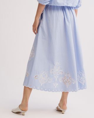 EMBROIDERY DETAILED LONG SKIRT - SKY STRIPE/EGGSHELL