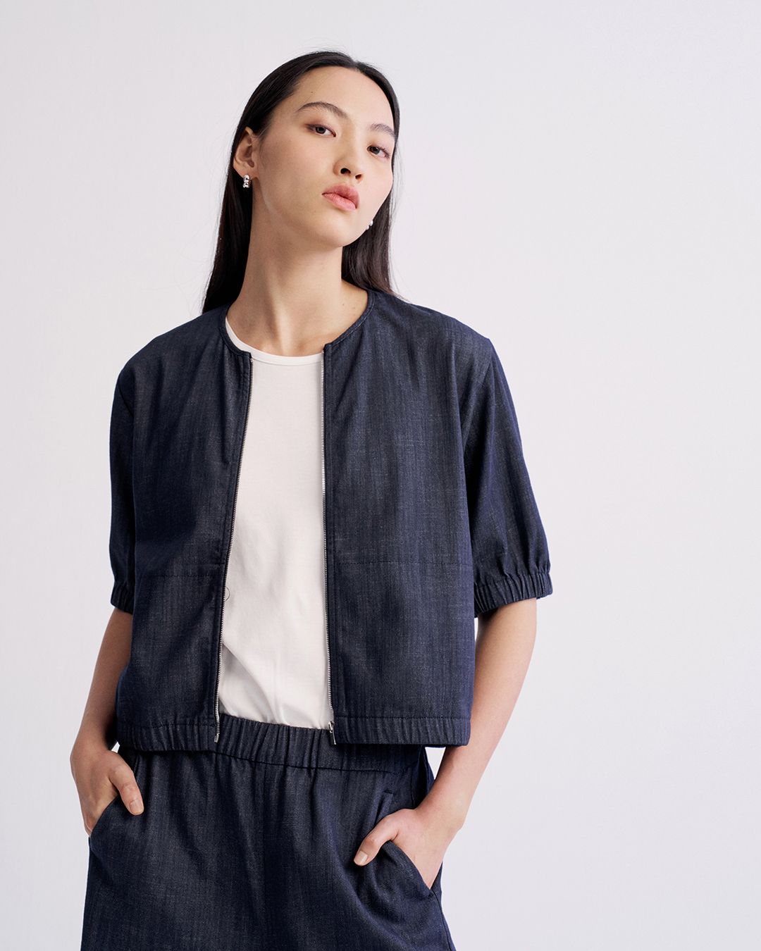 BUBBLE SLEEVE CHOPPED JACKET - DENIM