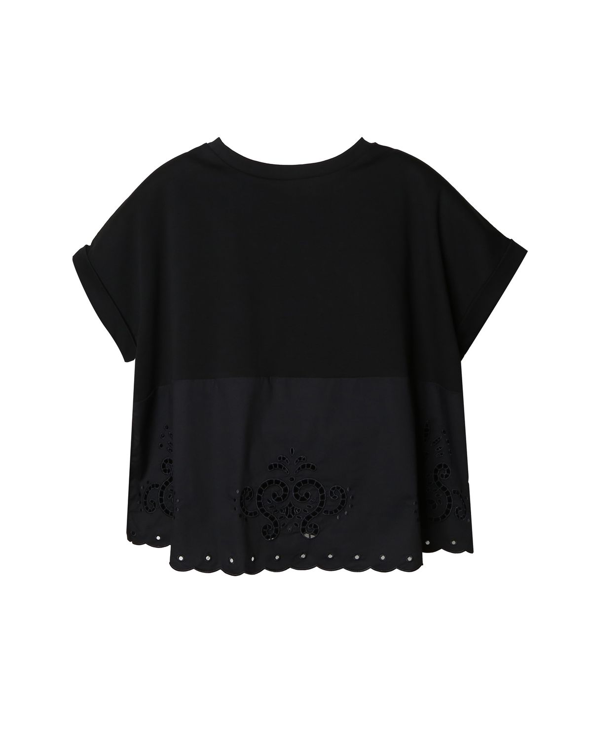 MIXED-FABRIC EMBROIDERY DETAILED BOXY TOP - BLACK