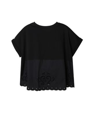 MIXED-FABRIC EMBROIDERY DETAILED BOXY TOP - BLACK