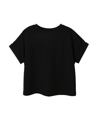 MIXED-FABRIC EMBROIDERY DETAILED BOXY TOP - BLACK