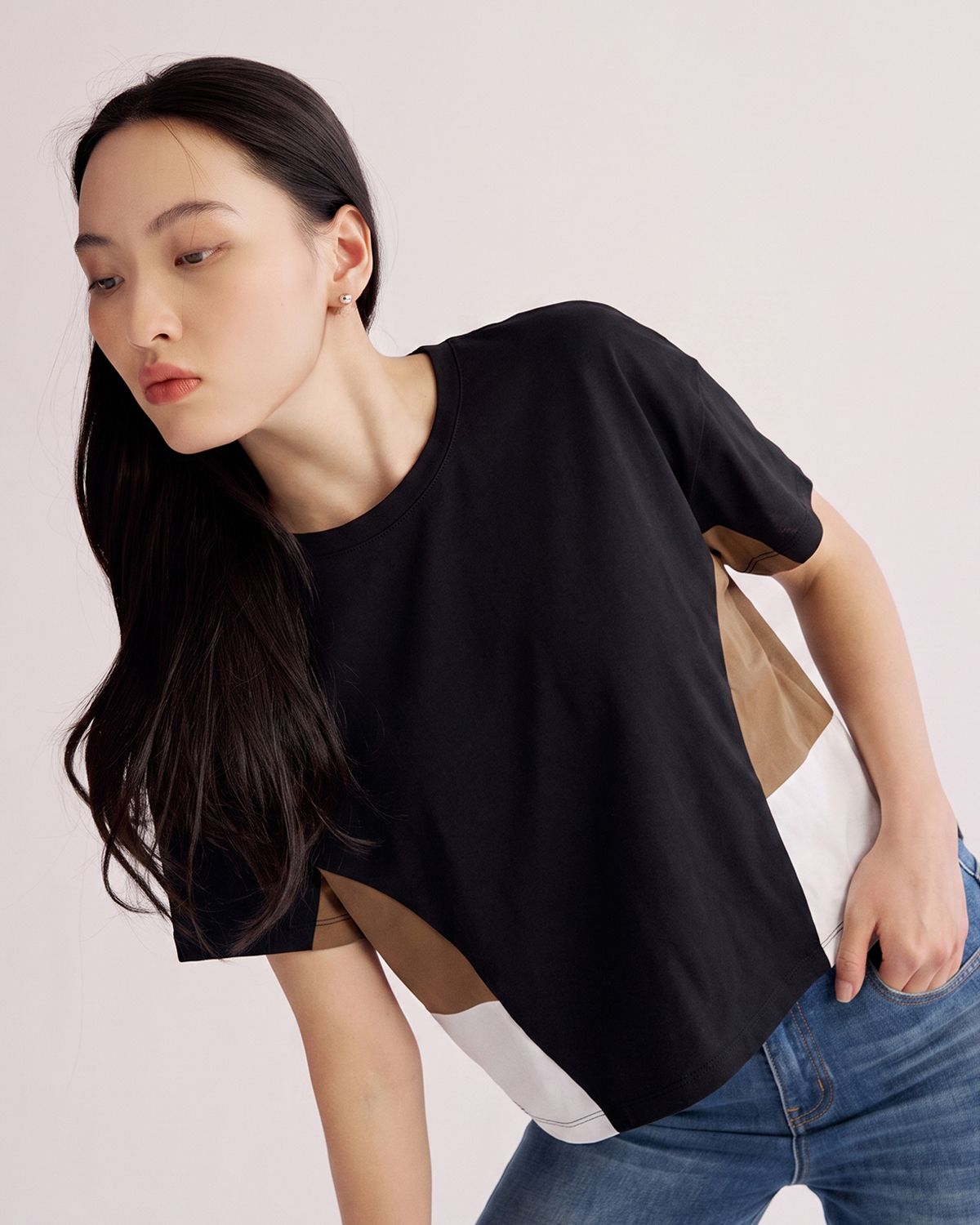 COLOUR BLOCKING BATWING TOP - BLACK/NUTMEG
