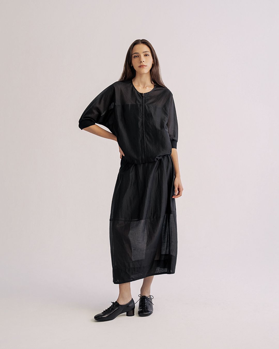 SILKY POLY LAWN BATWING ZIP-FRONT JACKET - BLACK