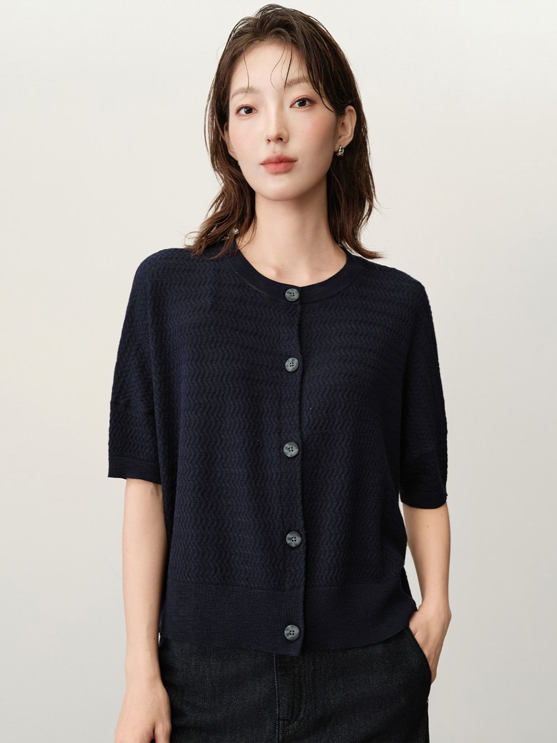 FINE GAUGE 2WAY BOXY KNIT SHORT SLEEVE CARDIGAN - NAVY