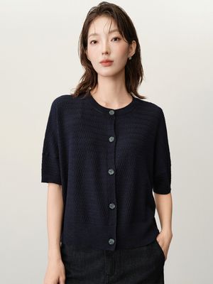 FINE GAUGE 2WAY BOXY KNIT SHORT SLEEVE CARDIGAN - NAVY