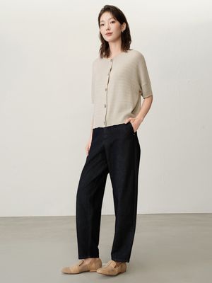 FINE GAUGE 2WAY BOXY KNIT SHORT SLEEVE CARDIGAN - CEMENT