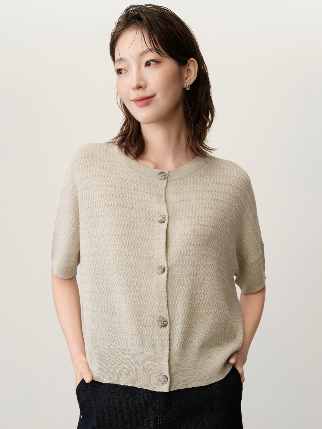 FINE GAUGE 2WAY BOXY KNIT SHORT SLEEVE CARDIGAN - CEMENT