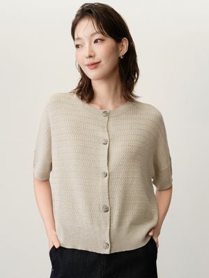 FINE GAUGE 2WAY BOXY KNIT SHORT SLEEVE CARDIGAN - CEMENT