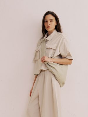 RELAXED SHORT SLEEVES ZIP-UP SHIRT JACKET - CEMENT